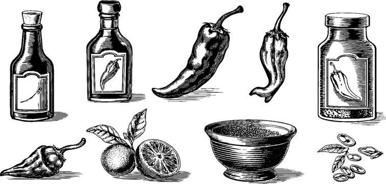 Vintage engraved hot sauce bottles, chili peppers and condiments clipart sheet for food packaging and spicy product design