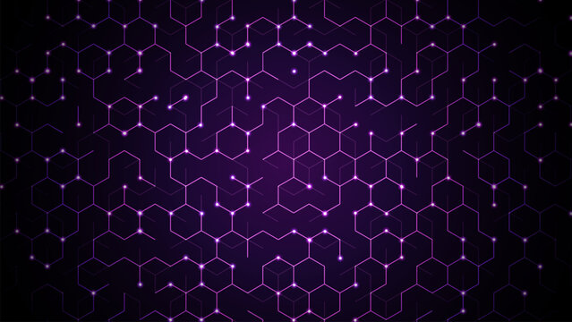 Abstract digital background featuring a glowing purple hexagonal network with connected nodes representing data flow, technology systems, and futuristic communication concepts