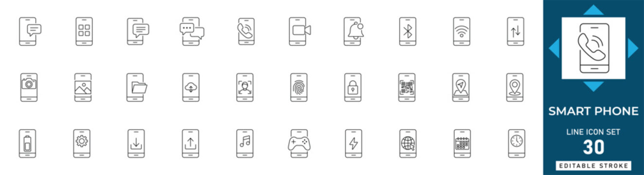 Smartphone line icon set featuring mobile phone, technology, digital device, touchscreen, app, cellular, and wireless. Professional editable vector illustration.
