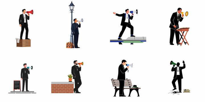 Collection of flat illustrations showing priests using megaphones to preach and spread religious messages in various public urban settings.