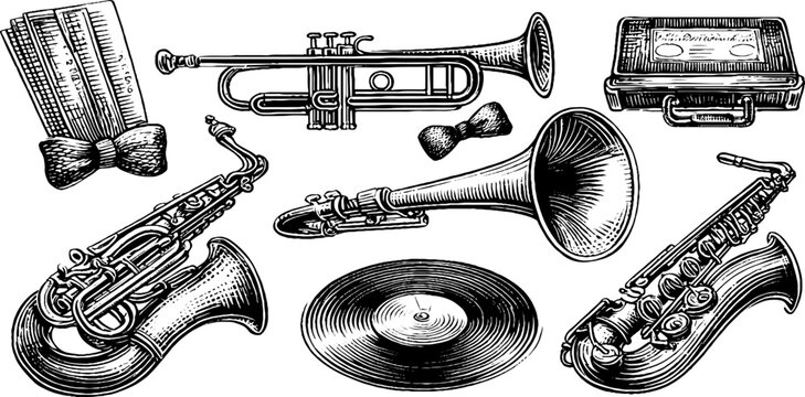 Vintage engraved musical instruments sheet with trumpets saxophones record and accessories for label and poster design