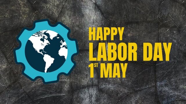 Animated Happy Labor Day 1st May Greeting with Gear and World Map Icon