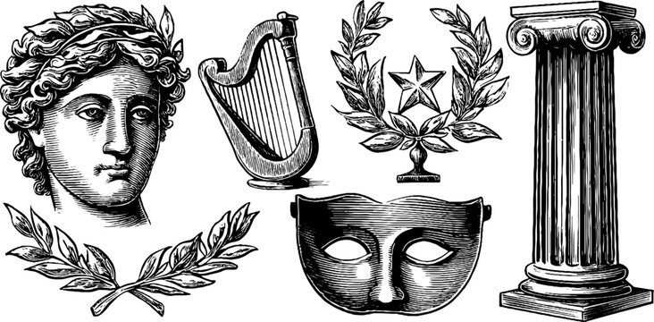 Vintage engraved mythology sheet with laurel wreath lyre theatrical mask classical column and ancient busts for background and historical design