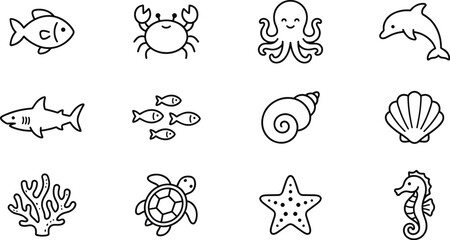 marine life icons set with fish crab octopus dolphin and shell on transparent background © Maksym