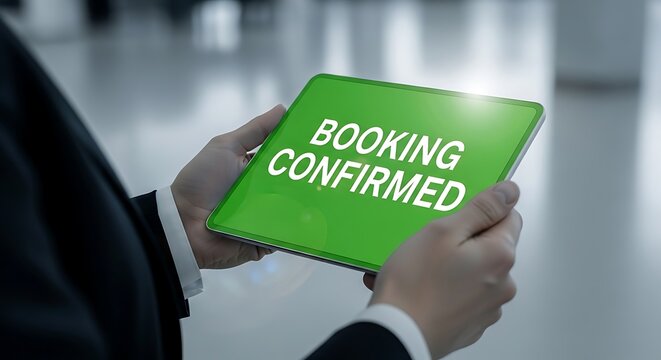 Person in dark suit holding tablet displaying green screen with white text BOKINGCONFIRMED