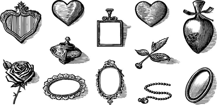 Collection of vintage engraved romantic frames hearts roses and trinket elements clipart for wedding stationery labels and craft design