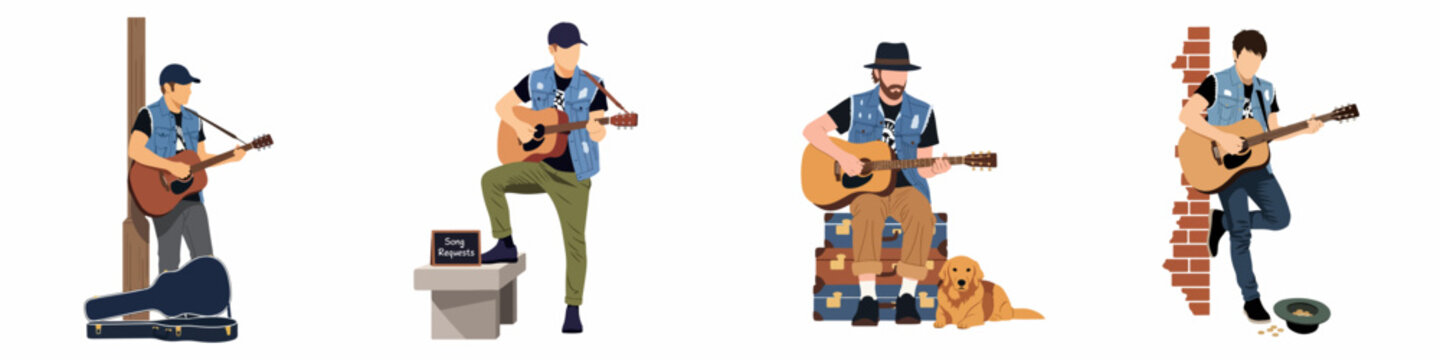 Set of male street performers playing acoustic guitar in various poses and settings, including a busker with a dog and song requests sign.