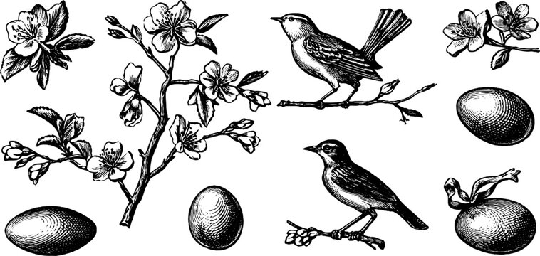 Vintage engraved spring icons and blossom elements with birds eggs and branches for floral design and decorative border compositions