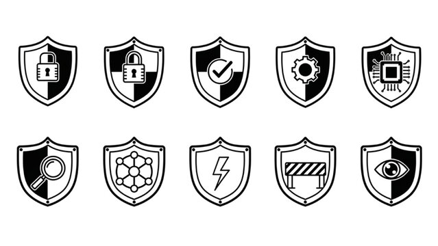 Cybersecurity Shields: A collection of meticulously crafted shields, each symbolizing an essential aspect of cybersecurity, standing as stalwart guardians against digital threats.