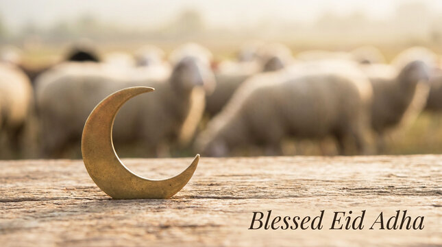 Elegant eid mubarak composition with focus on crescent and soft blurred sheep in background