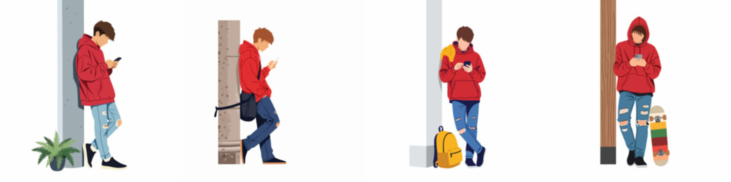 Flat vector illustration of stylish young men in red hoodies and ripped jeans using smartphones while leaning against pillars, with backpacks and a skateboard.