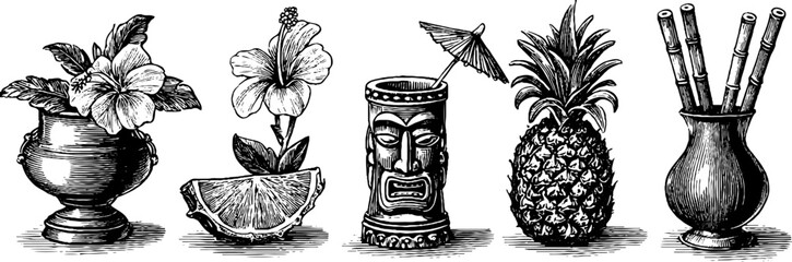 Obraz premium Vintage engraved tiki cup collection with pineapple slice umbrella and floral accents clipart sheet for tropical design and printable decorations