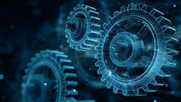 Close up view of glowing blue digital cogs intertwined to symbolize synergy and technical cooperation in professional mechanical engineering projects and high performance computing environments