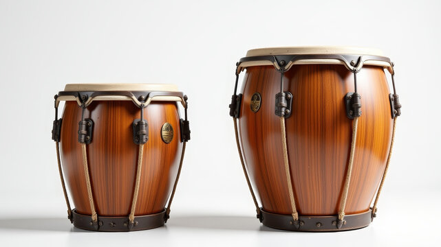 Two wooden conga drums in studio composition presenting musical percussion instruments and rhythm performance concept display