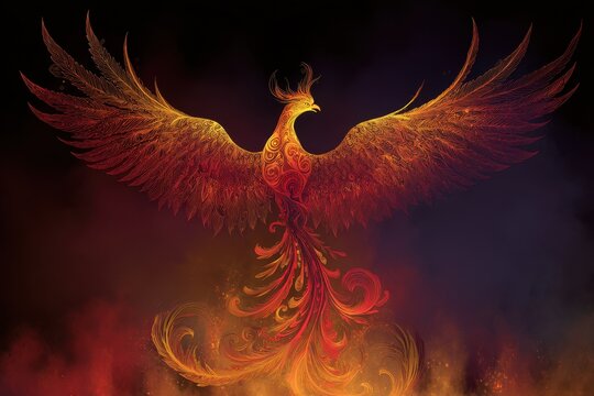 Majestic phoenix silhouette with blazing wings amid glowing heat