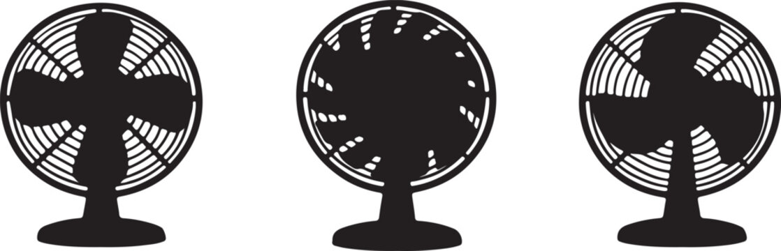Three different fan designs with varying blade styles. electric device for air circulation silhouette vector