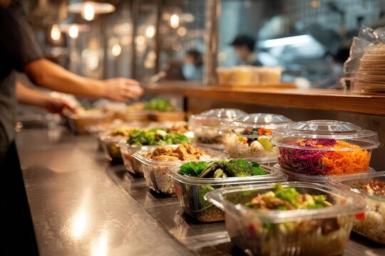 Meal packaging station with stacked to-go containers and freshly prepared entr&Atilde;&copy;es