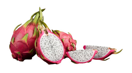 Vibrant whole and sliced dragon fruit pitaya, showcasing its striking pink skin and white flesh with black seeds. © Lan