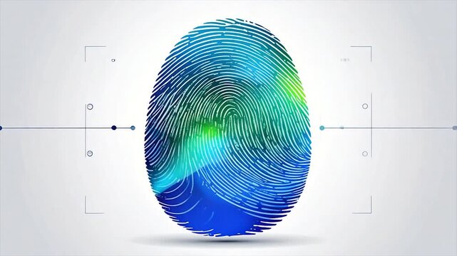 A stylized fingerprint, rendered in shades of blue and green, with a technological interface