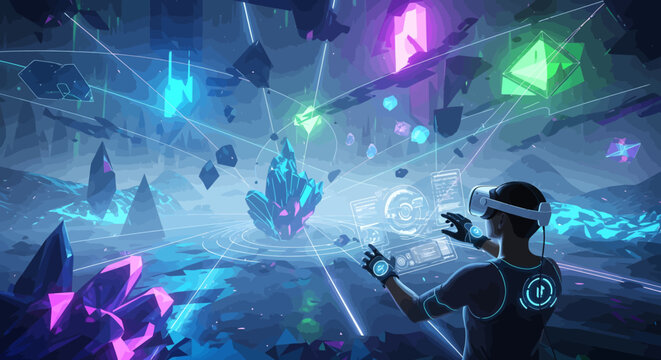 Person wearing VR headset exploring colorful virtual crystal cave