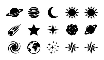 Minimalist space icons set, black celestial vector elements, 15 astronomy symbols including planets, stars, moon and sun, flat galaxy graphics for web design © Nurjahan