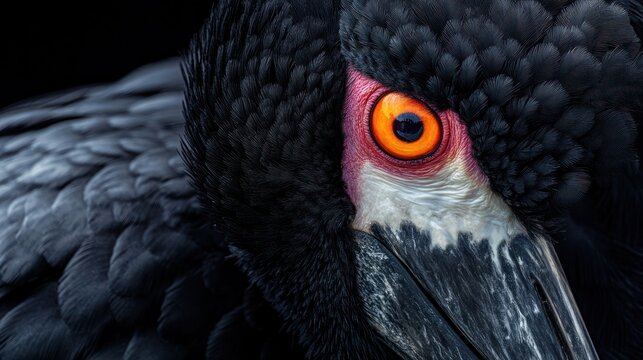 Close-up black stork eye, dark background, wildlife detail, nature