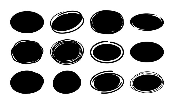 Hand drawn black oval brush strokes, set of 12 ink circle frames and highlight elements, organic sketch oval shapes for text emphasis and design