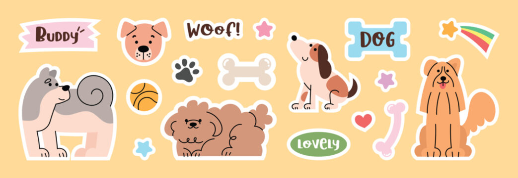 Dog sticker collection.Trendy hand drawn vector illustration.