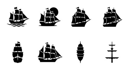 Vintage sailing ship silhouette icons, set of 8 nautical vessel vectors, antique tall ship and galleon symbols for maritime logos and ocean travel design © Masum