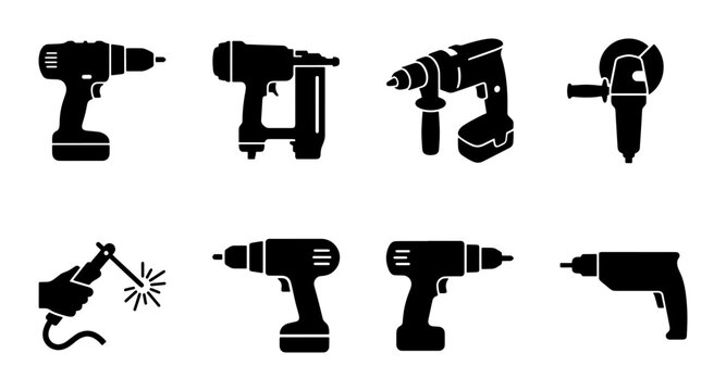 Industrial power tools set, 8 black vector icons of electric construction equipment, professional hardware tools for home renovation and carpentry