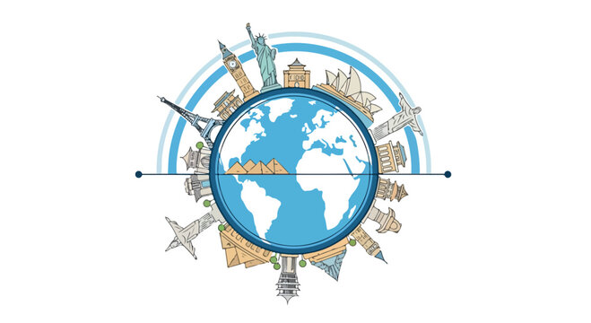 A globe surrounded by landmarks