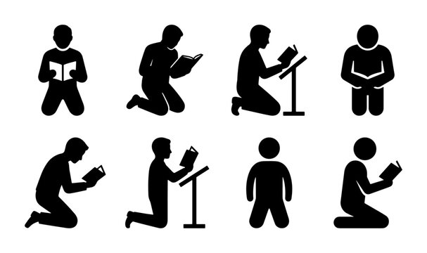 Religious prayer and reading silhouettes, set of 8 icons showing people kneeling with books, spiritual worship and study vector elements