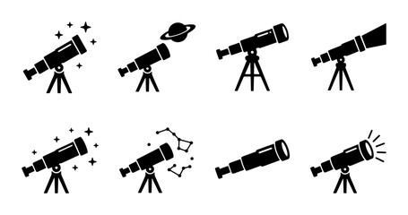 Astronomy telescope icons set, black silhouette telescope on tripod vectors, 8 space observation symbols for science and stargazing © Masum