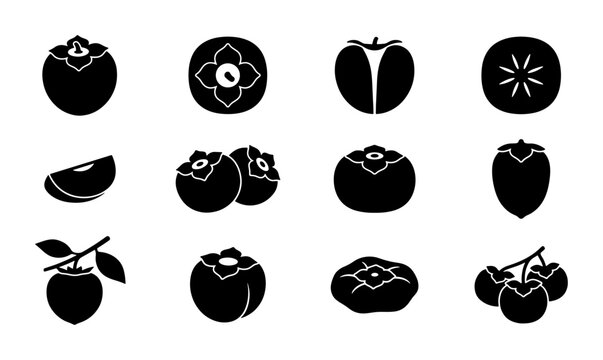 Persimmon fruit icon set, black silhouette persimmons collection, 12 vector elements of exotic sharon fruit, organic food symbols for packaging