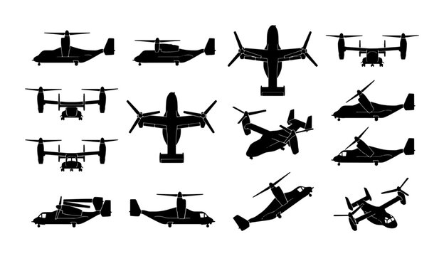 Military tiltrotor aircraft silhouette collection, 12 vector icons of v-22 osprey style transport planes, tactical aviation silhouettes for infographics