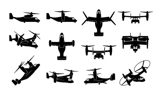 Military tiltrotor aircraft silhouettes set, 12 black vector icons of vertical takeoff and landing planes, vtol transport helicopter aviation graphics