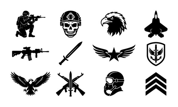 Military tactical icons set, black army insignia and soldier silhouettes, 12 vector war symbols including eagle skull and weapons