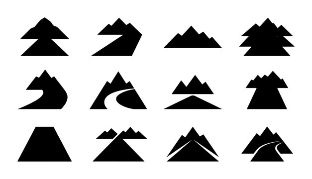 Minimalist mountain logo set, 12 geometric peak icons with winding roads, black silhouette outdoor adventure symbols for branding and travel identity