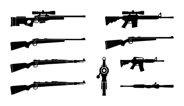 Military rifle silhouettes collection, 9 black firearm vector icons, sniper and assault rifle weapon set, hunting and tactical gear graphics