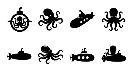 Nautical octopus and submarine icon set, black sea creature silhouettes and underwater vessel graphics, 8 marine life vector elements for logos © Nurul