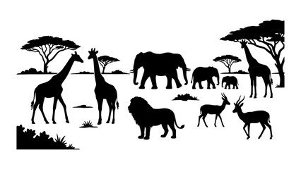 African safari animal silhouettes vector set, wild savanna wildlife collection with elephant lion and giraffe, black nature landscape icons © Nurjahan