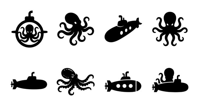 Nautical octopus and submarine icon set, black sea creature silhouettes and underwater vessel graphics, 8 marine life vector elements for logos