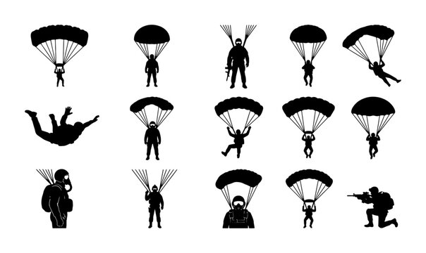 Military paratrooper silhouette set, 15 skydiving icons in black vector format, paragliding and airborne soldier silhouettes for tactical design