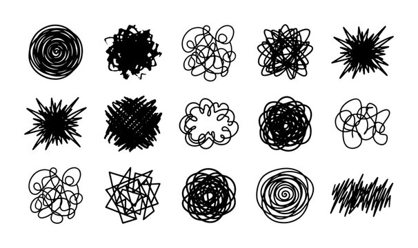 Hand drawn scribble set, 15 black ink messy doodle elements, chaotic line art sketches, abstract tangled knots and circular scrawls for graphic design