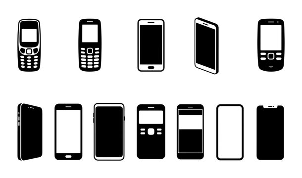 Mobile phone evolution vector icons set, 12 black and white cell phone silhouettes, retro keypad mobile and modern smartphone device collection