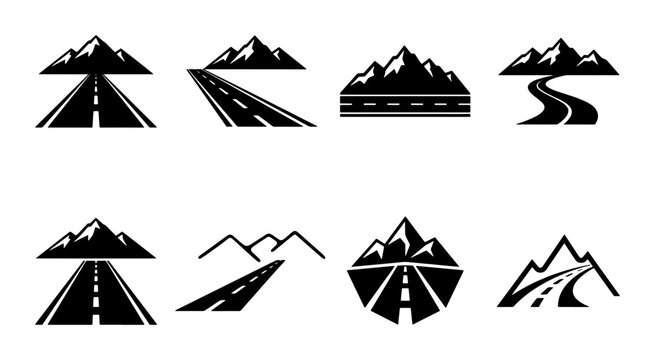 Mountain road icons set, black and white highway landscape symbols, 8 vector travel and adventure logos, asphalt path leading to snowy peaks