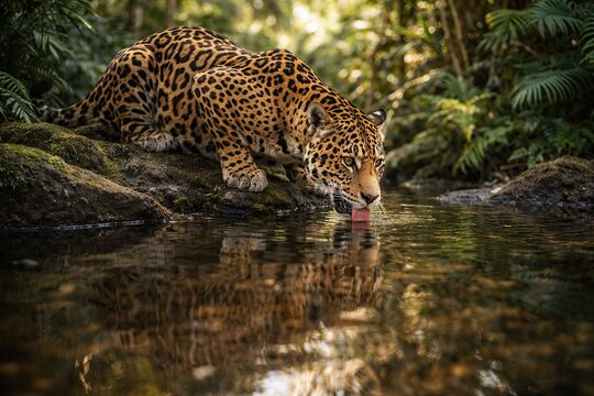Majestic jaguar drinks water from a stream in a lush green jungle environment