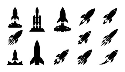 Rocket ship silhouette icons set, 13 black spacecraft vector elements, space shuttle launch and startup concept graphics for business and technology © Adiba