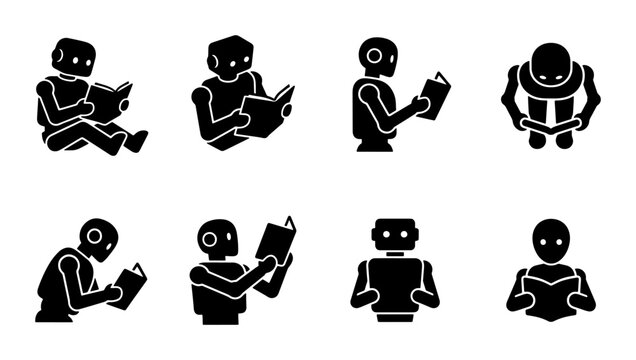 Artificial intelligence robot reading book icons, set of 8 black silhouette android characters learning, machine learning and education vector set