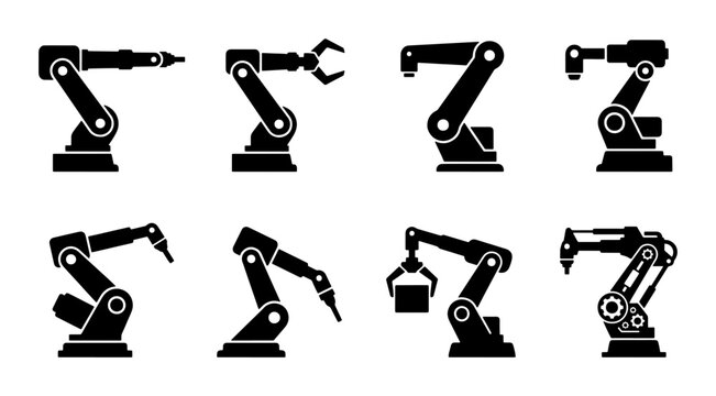 Industrial robotic arm icons set, black mechanical manipulator silhouettes for factory automation, 8 vector robot arm symbols for manufacturing
